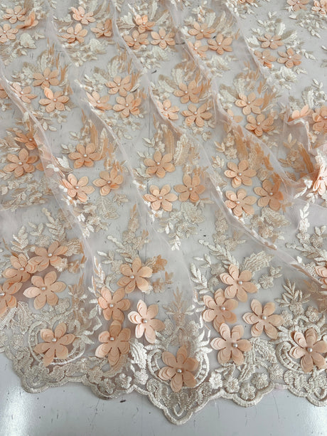 3D Flower Scalloped Mesh Lace Peach