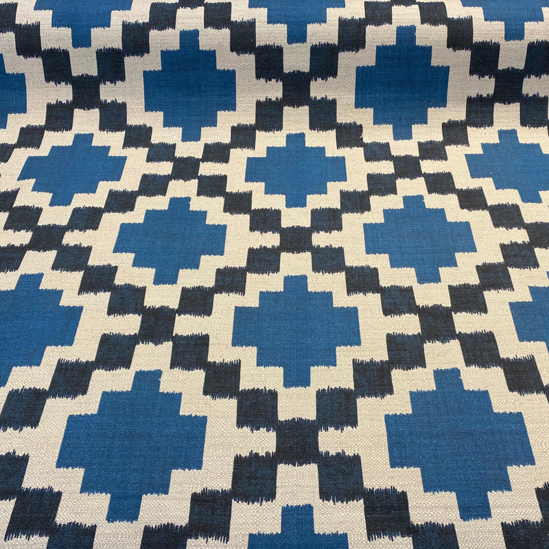 Paty Blue Bird Eye Linen Upholstery Fabric - Blue Bird Eye Diamond Pattern, 56" Width (1 Yard)