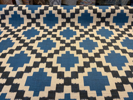Paty Blue Bird Eye Linen Upholstery Fabric - Blue Bird Eye Diamond Pattern, 56" Width (1 Yard)