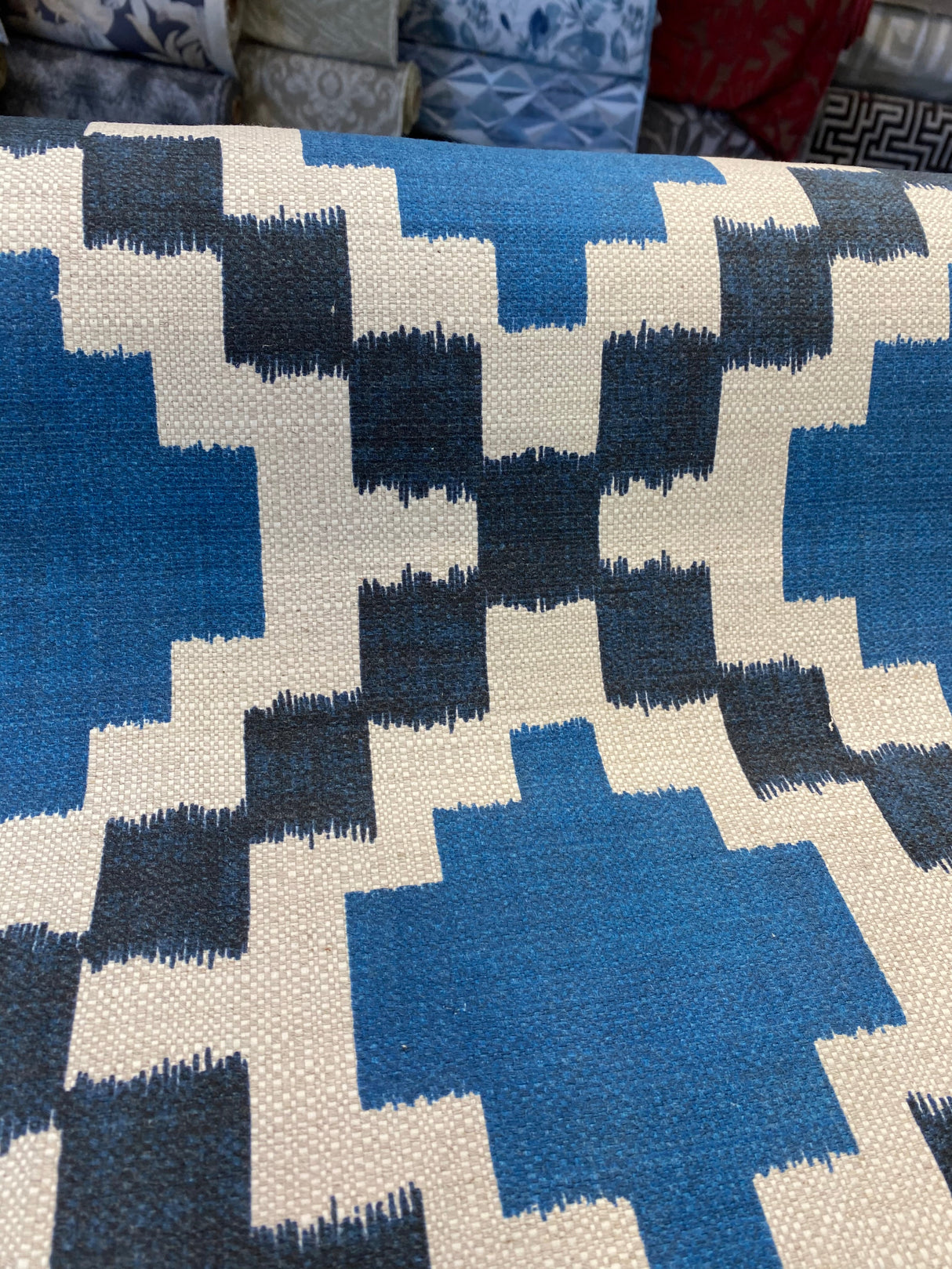 Paty Blue Bird Eye Linen Upholstery Fabric - Blue Bird Eye Diamond Pattern, 56" Width (1 Yard)