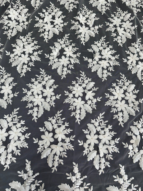 3D Flower Scalloped Mesh Lace White