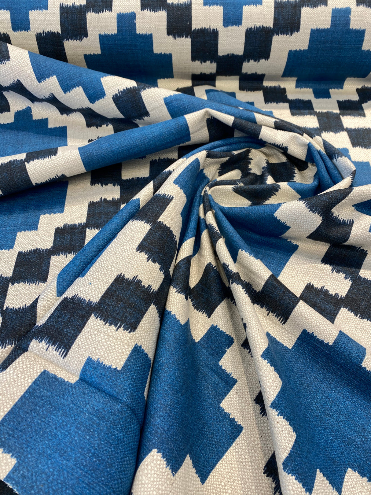 Paty Blue Bird Eye Linen Upholstery Fabric - Blue Bird Eye Diamond Pattern, 56" Width (1 Yard)