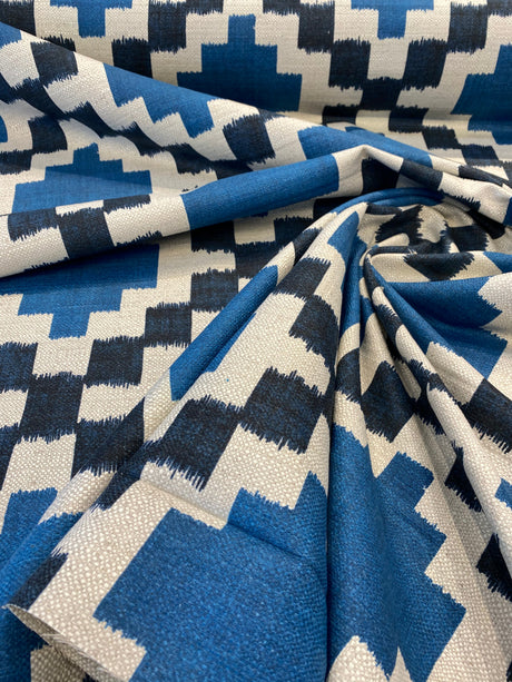 Paty Blue Bird Eye Linen Upholstery Fabric - Blue Bird Eye Diamond Pattern, 56" Width (1 Yard)
