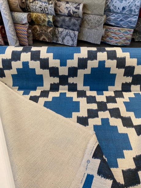 Paty Blue Bird Eye Linen Upholstery Fabric - Blue Bird Eye Diamond Pattern, 56" Width (1 Yard)