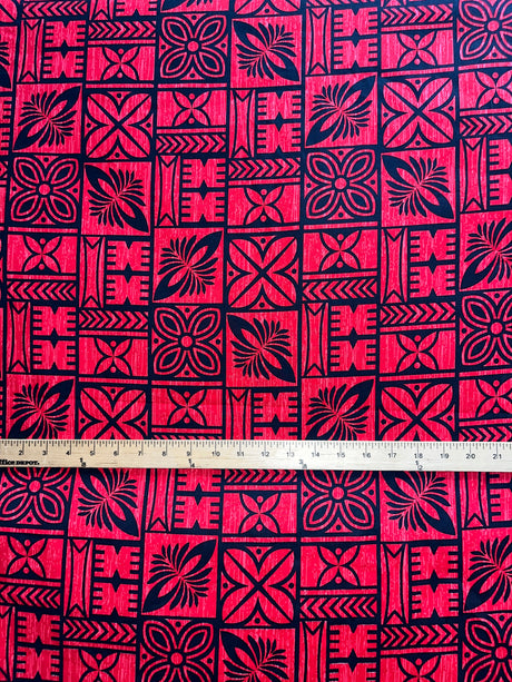 Traditional Polynesian Tapa Pattern Cotton Fabric - Red / Black, Orange / Black, Grey / Black, Purple / Black, 36" X 45" (1 Yard)