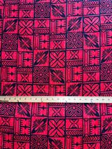 Traditional Polynesian Tapa Pattern Cotton Fabric - Red And Black Tapa Pattern, 36" X 45" (1 Yard)
