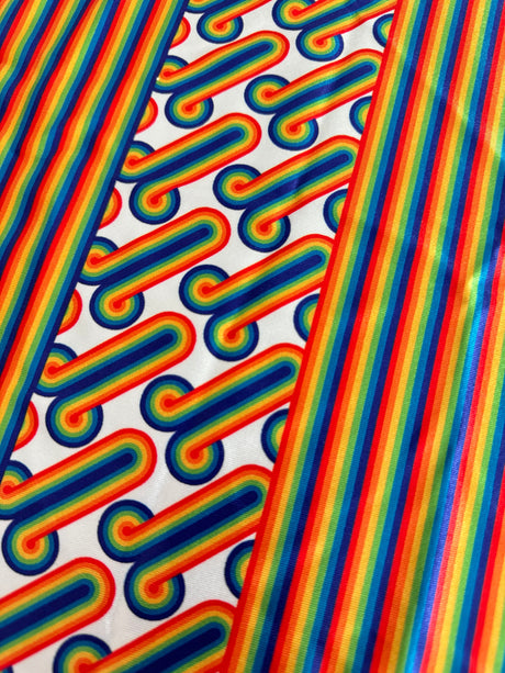Printed Nylon Spandex White Retro Rainbow Graphic