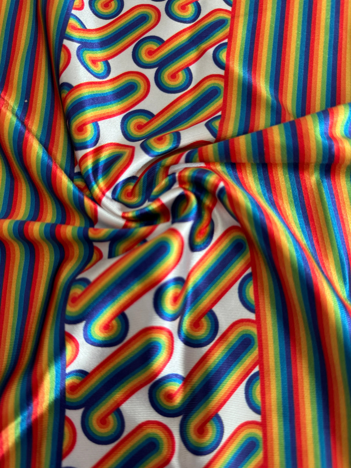 Printed Nylon Spandex White Retro Rainbow Graphic