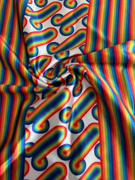 Printed Nylon Spandex White Retro Rainbow Graphic