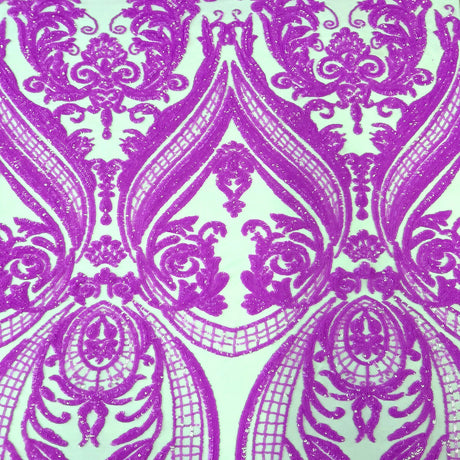 Catina Damask Stretch Sequins Nylon Spandex Mesh Fabric - Iridescent Sequin Damask, 60" Width, 52" Sequin Width (1 Yard)