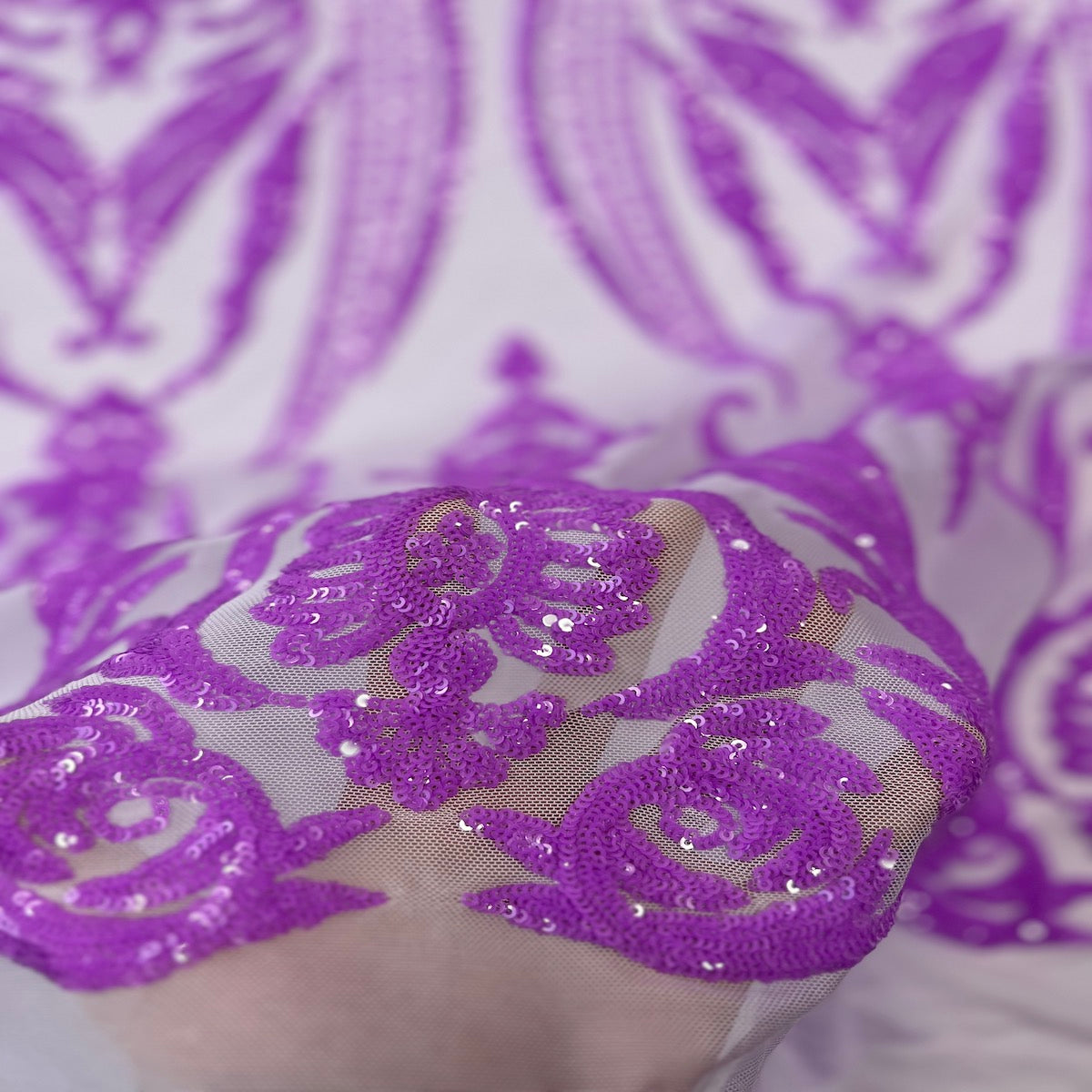 Catina Damask Stretch Sequins Nylon Spandex Mesh Fabric - Iridescent Sequin Damask, 60" Width, 52" Sequin Width (1 Yard)