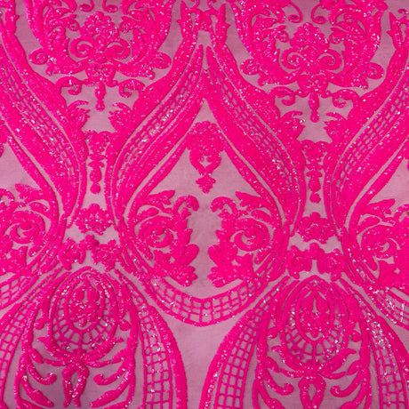 Catina Damask Stretch Sequins Nylon Spandex Mesh Fabric - Iridescent Sequin Damask, 60" Width, 52" Sequin Width (1 Yard)
