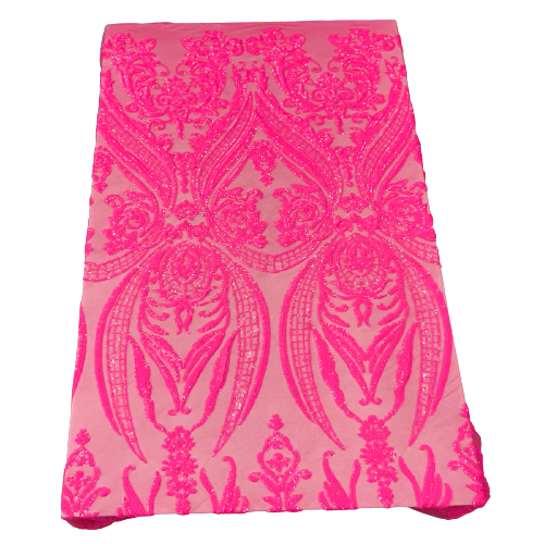 Catina Damask Stretch Sequins Nylon Spandex Mesh Fabric - Iridescent Sequin Damask, 60" Width, 52" Sequin Width (1 Yard)
