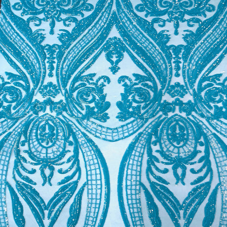 Catina Damask Stretch Sequins Nylon Spandex Mesh Fabric - Iridescent Sequin Damask, 60" Width, 52" Sequin Width (1 Yard)