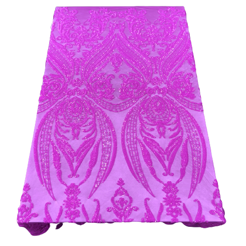 Catina Damask Stretch Sequins Nylon Spandex Mesh Fabric - Iridescent Sequin Damask, 60" Width, 52" Sequin Width (1 Yard)