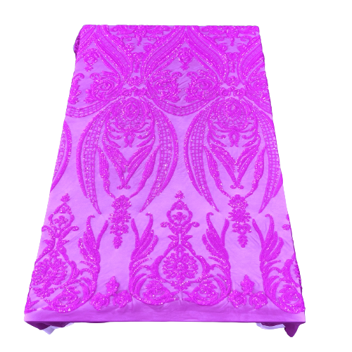 Catina Damask Stretch Sequins Nylon Spandex Mesh Fabric - Iridescent Sequin Damask, 60" Width, 52" Sequin Width (1 Yard)
