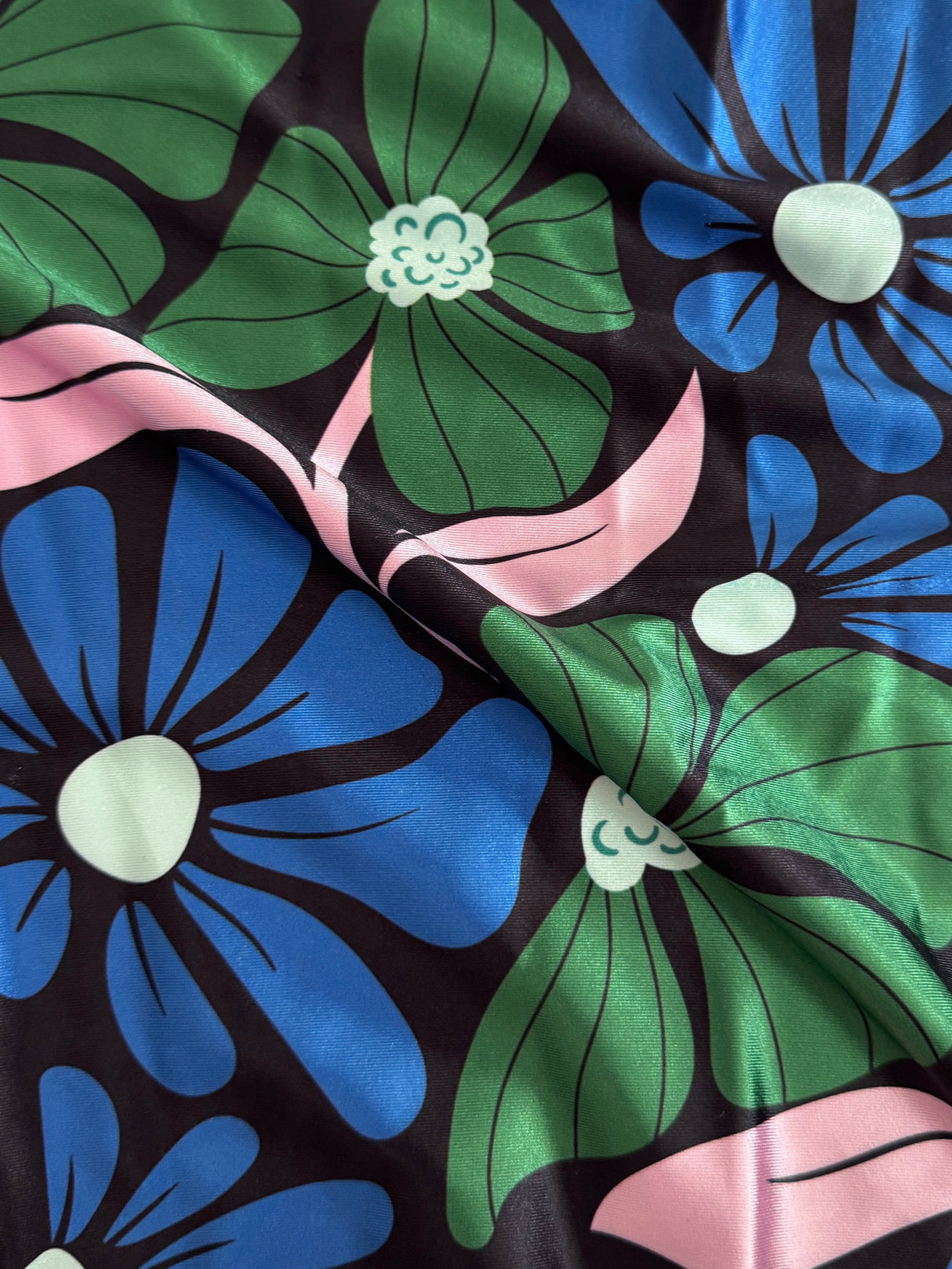 Printed Nylon Spandex Blue Retro Blossom Flowers