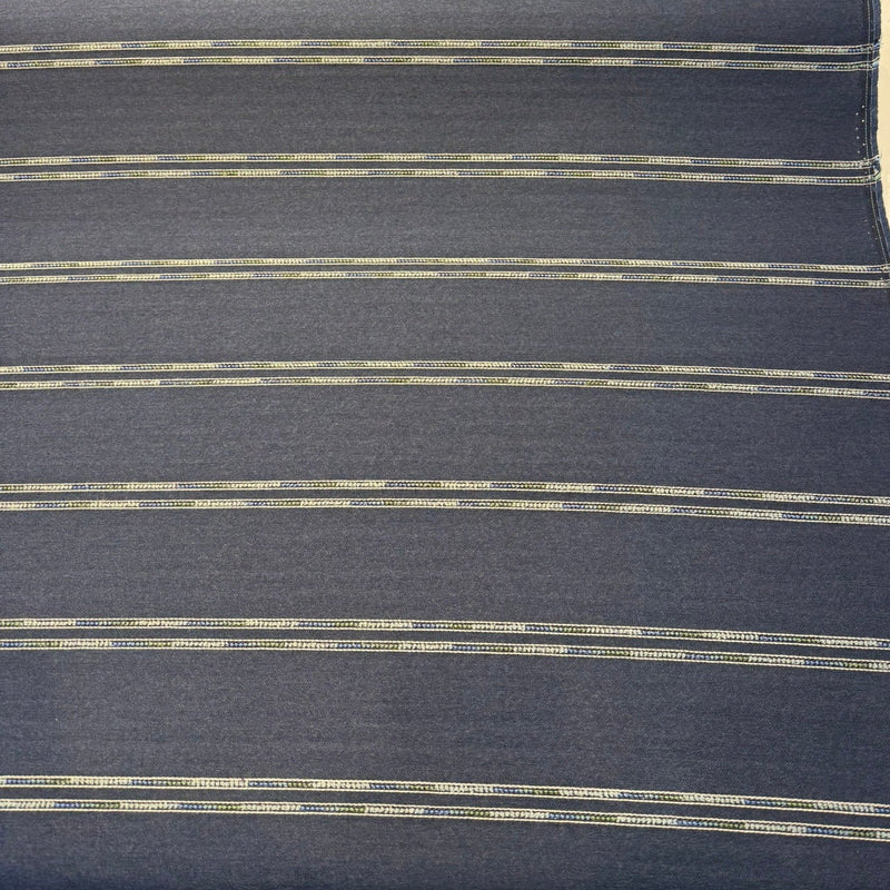Wayward Indigo Blue Stripe Solution-Dyed Acrylic Fabric - Indigo Blue, Denim Blue, Sand, Ivory, 54" Width (1 Yard)