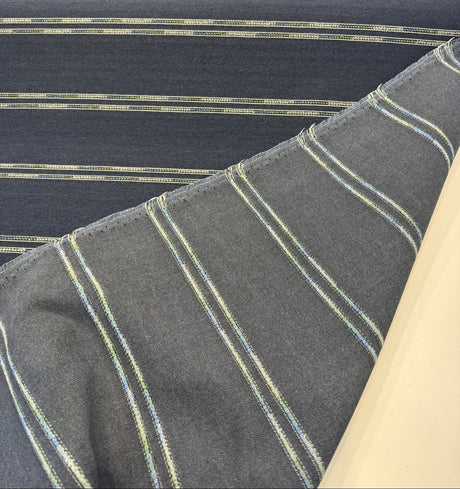 Wayward Indigo Blue Stripe Solution-Dyed Acrylic Fabric - Indigo Blue, Denim Blue, Sand, Ivory, 54" Width (1 Yard)