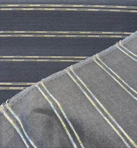 Wayward Indigo Blue Stripe Solution-Dyed Acrylic Fabric - Indigo Blue, Denim Blue, Sand, Ivory, 54" Width (1 Yard)