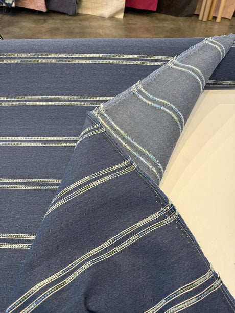 Wayward Indigo Blue Stripe Solution-Dyed Acrylic Fabric - Indigo Blue, Denim Blue, Sand, Ivory, 54" Width (1 Yard)