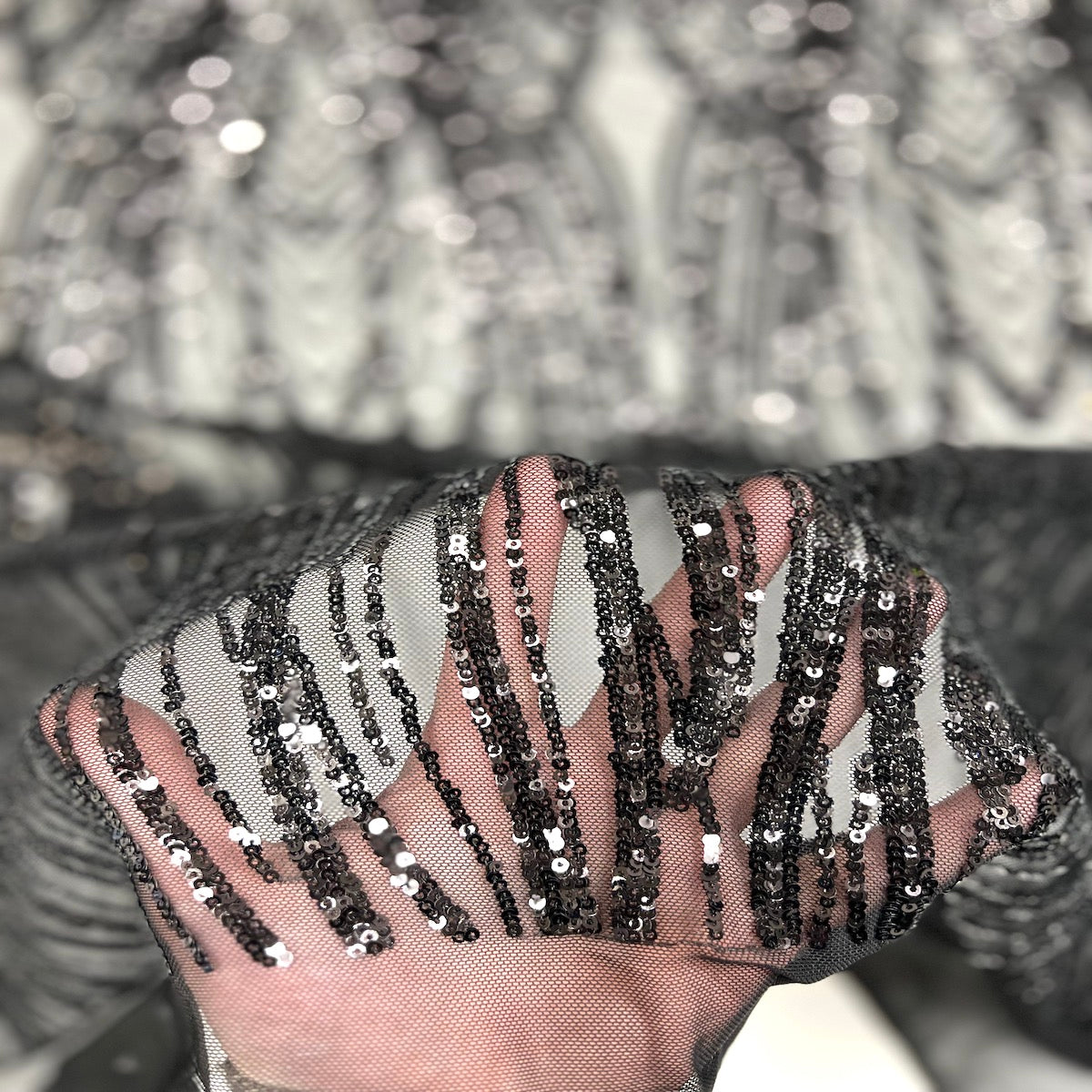 Selena Wave Stretch Sequins Fabric - Nylon Spandex Mesh Fabric, Wave Sequin Design, 60" Width, 52" Sequins Width (1 Yard)