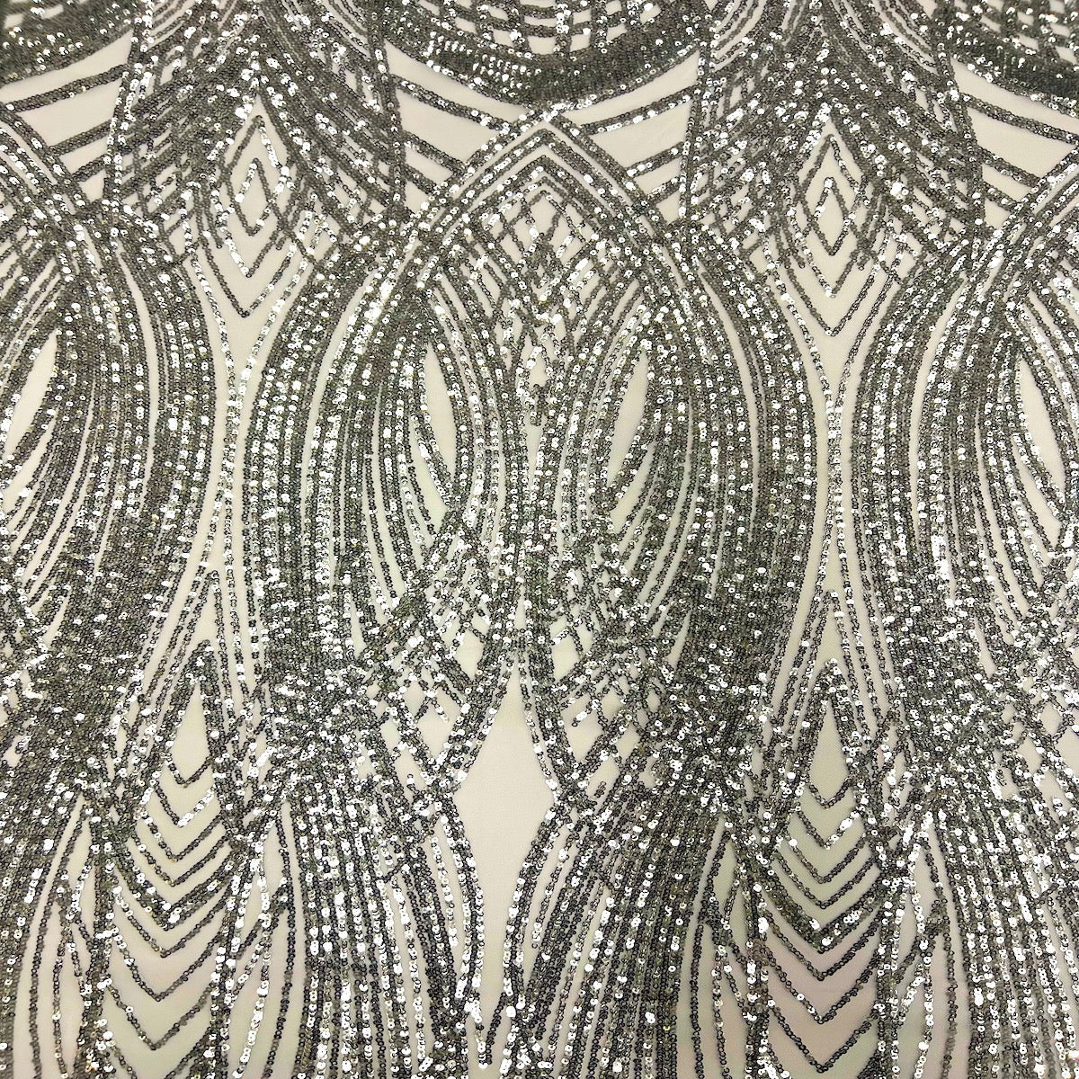 Selena Wave Stretch Sequins Fabric - Nylon Spandex Mesh Fabric, Wave Sequin Design, 60" Width, 52" Sequins Width (1 Yard)