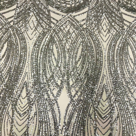 Selena Wave Stretch Sequins Fabric - Nylon Spandex Mesh Fabric, Wave Sequin Design, 60" Width, 52" Sequins Width (1 Yard)