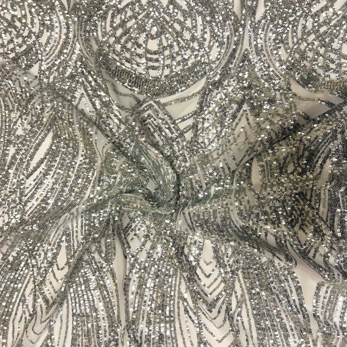Selena Wave Stretch Sequins Fabric - Nylon Spandex Mesh Fabric, Wave Sequin Design, 60" Width, 52" Sequins Width (1 Yard)