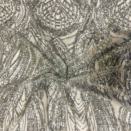 Selena Wave Stretch Sequins Fabric - Nylon Spandex Mesh Fabric, Wave Sequin Design, 60" Width, 52" Sequins Width (1 Yard)