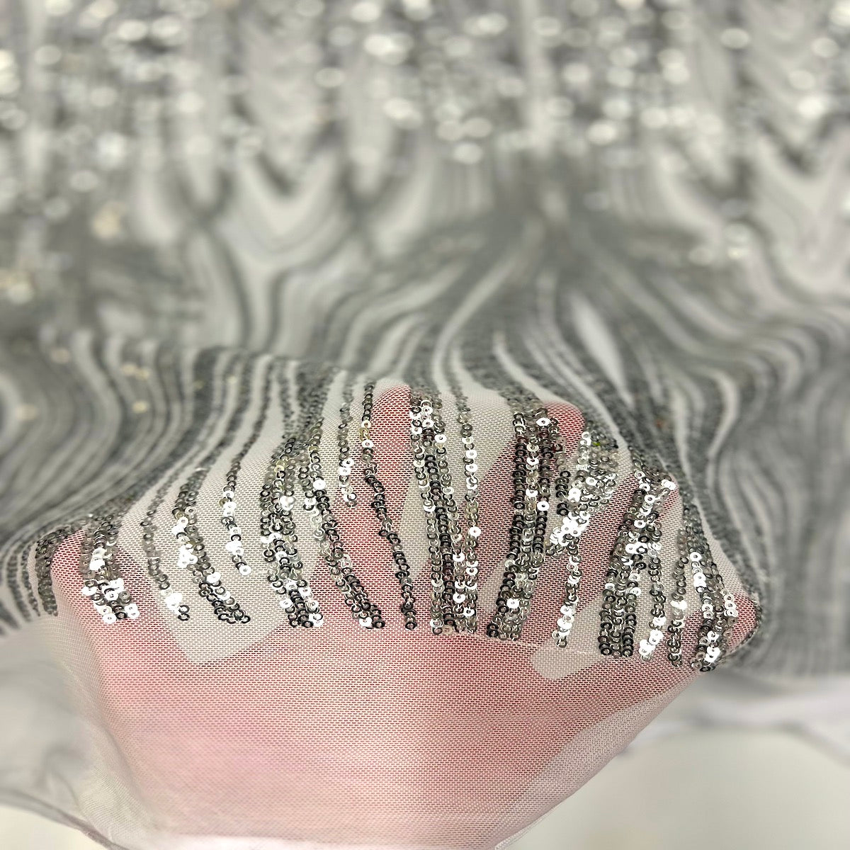 Selena Wave Stretch Sequins Fabric - Nylon Spandex Mesh Fabric, Wave Sequin Design, 60" Width, 52" Sequins Width (1 Yard)