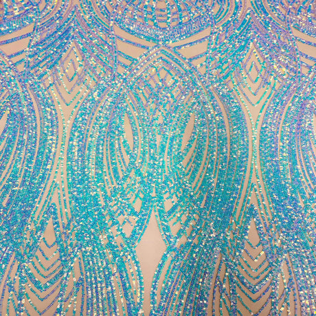 Selena Wave Stretch Sequins Fabric - Nylon Spandex Mesh Fabric, Wave Sequin Design, 60" Width, 52" Sequins Width (1 Yard)