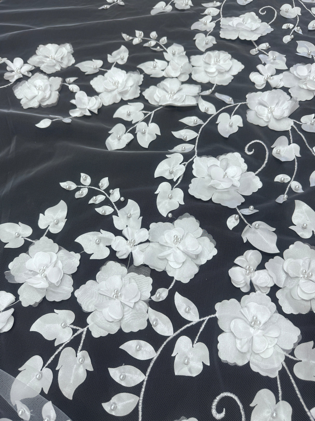 White 3D Flower Beaded Lace Mesh