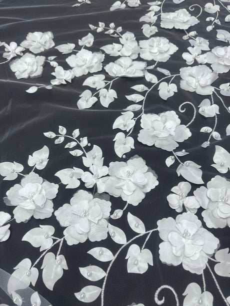 White 3D Flower Beaded Lace Mesh