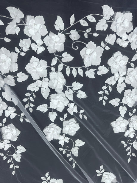 White 3D Flower Beaded Lace Mesh