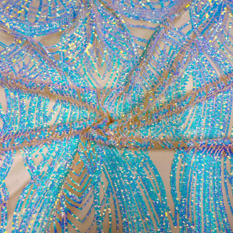 Selena Wave Stretch Sequins Fabric - Nylon Spandex Mesh Fabric, Wave Sequin Design, 60" Width, 52" Sequins Width (1 Yard)