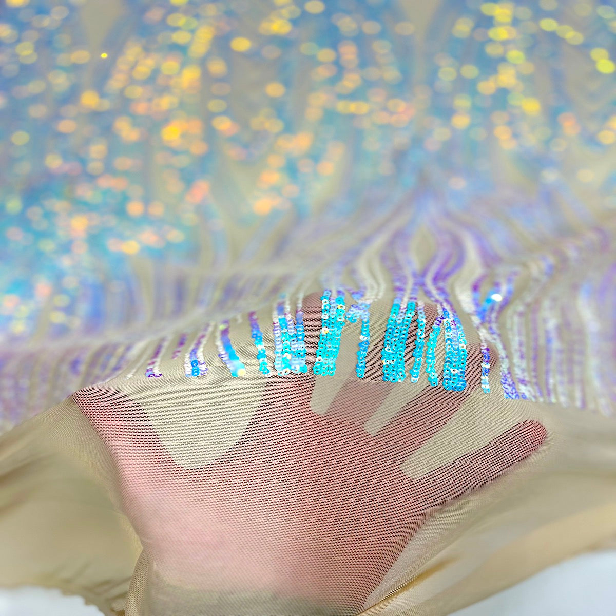 Selena Wave Stretch Sequins Fabric - Nylon Spandex Mesh Fabric, Wave Sequin Design, 60" Width, 52" Sequins Width (1 Yard)