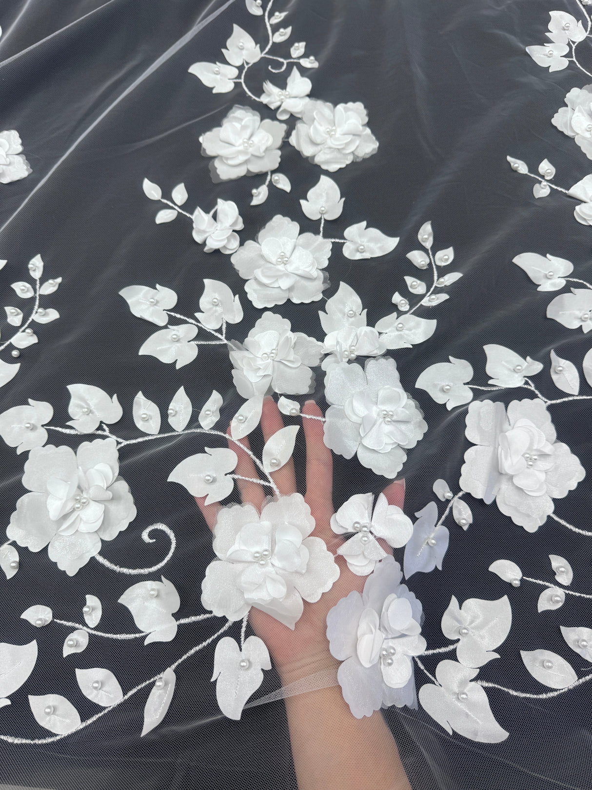 White 3D Flower Beaded Lace Mesh