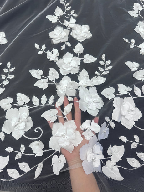 White 3D Flower Beaded Lace Mesh