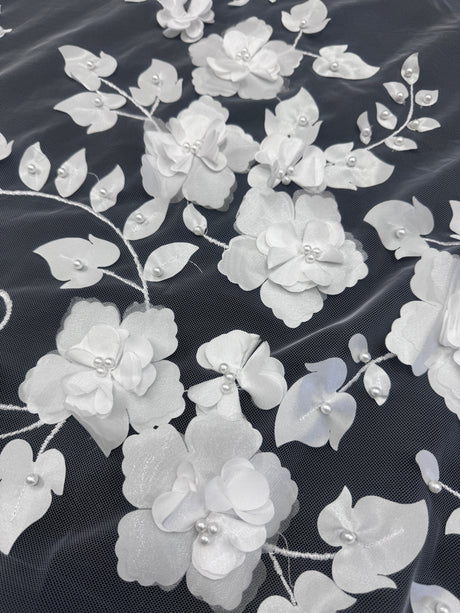 White 3D Flower Beaded Lace Mesh