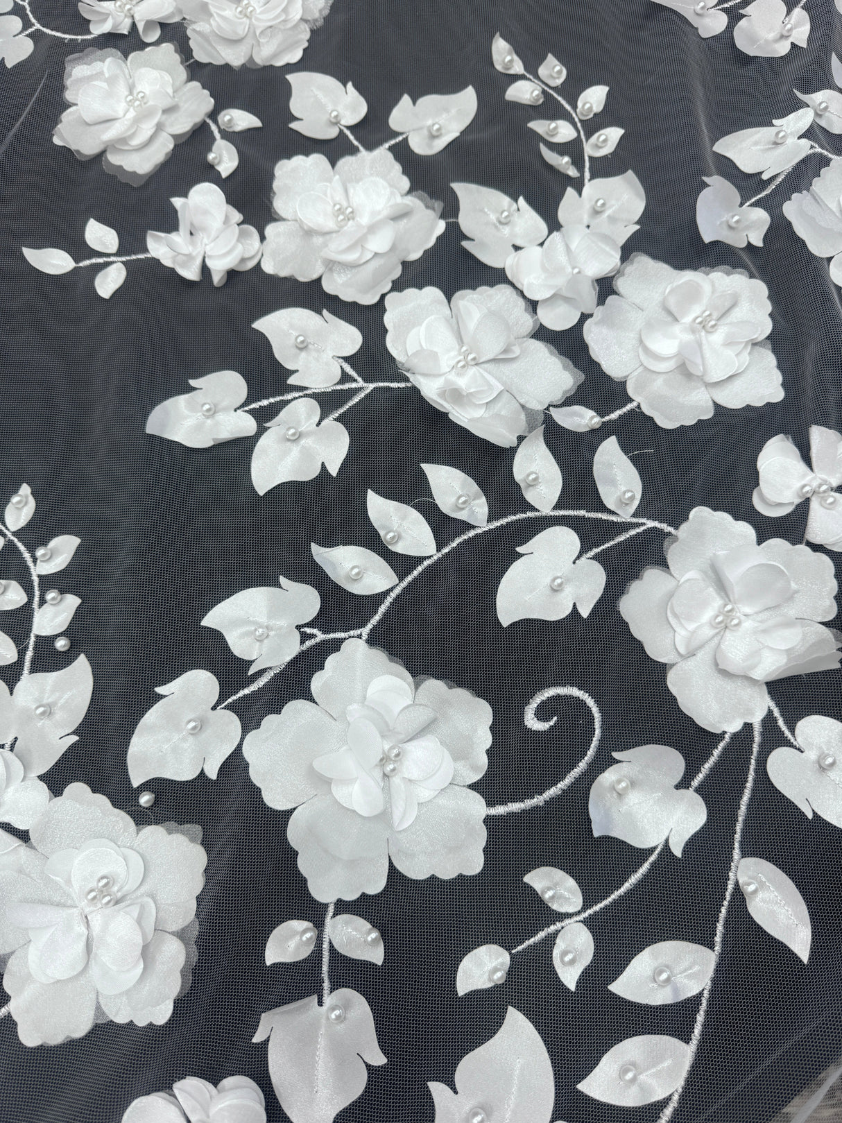 White 3D Flower Beaded Lace Mesh
