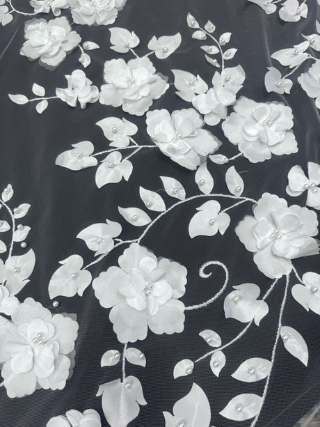 White 3D Flower Beaded Lace Mesh