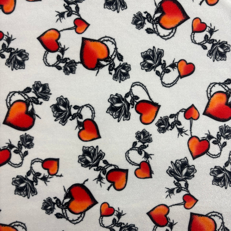 White Tattoo Hearts Print Velvet Fabric - White Tattoo Hearts Print, 4-Way Stretch, 58" Width (1 Yard)