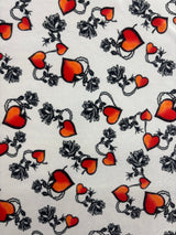 White Tattoo Hearts Print Velvet Fabric - White Tattoo Hearts Print, 4-Way Stretch, 58" Width (1 Yard)