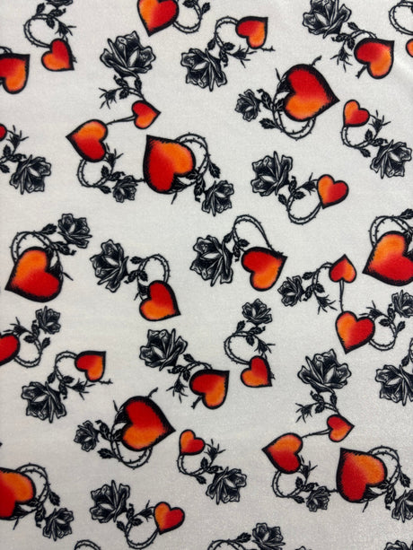 White Tattoo Hearts Print Velvet Fabric - White Tattoo Hearts Print, 4-Way Stretch, 58" Width (1 Yard)