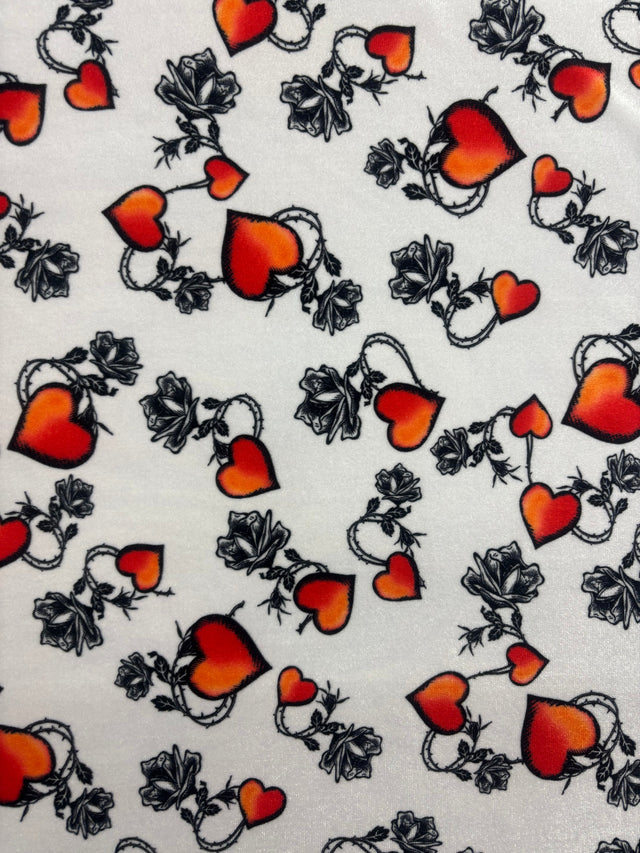 White Tattoo Hearts Print Velvet Fabric - White Tattoo Hearts Print, 4-Way Stretch, 58" Width (1 Yard)