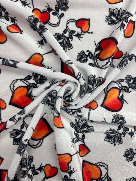 White Tattoo Hearts Print Velvet Fabric - White Tattoo Hearts Print, 4-Way Stretch, 58" Width (1 Yard)
