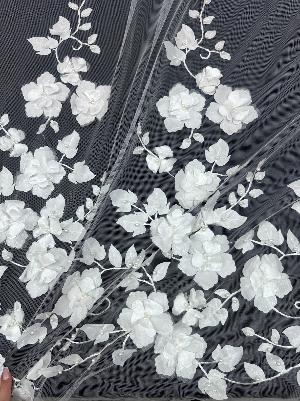 White 3D Flower Beaded Lace Mesh
