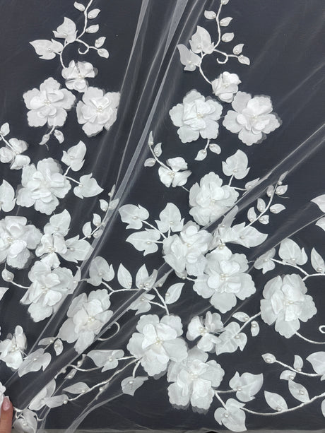 White 3D Flower Beaded Lace Mesh