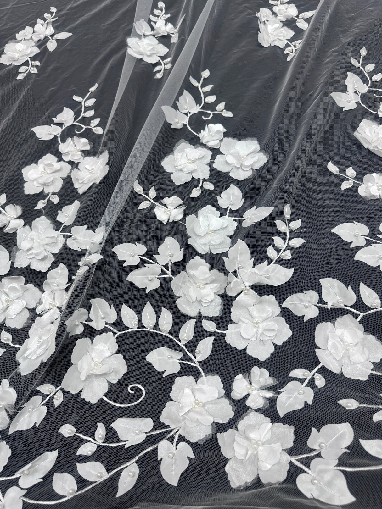 White 3D Flower Beaded Lace Mesh